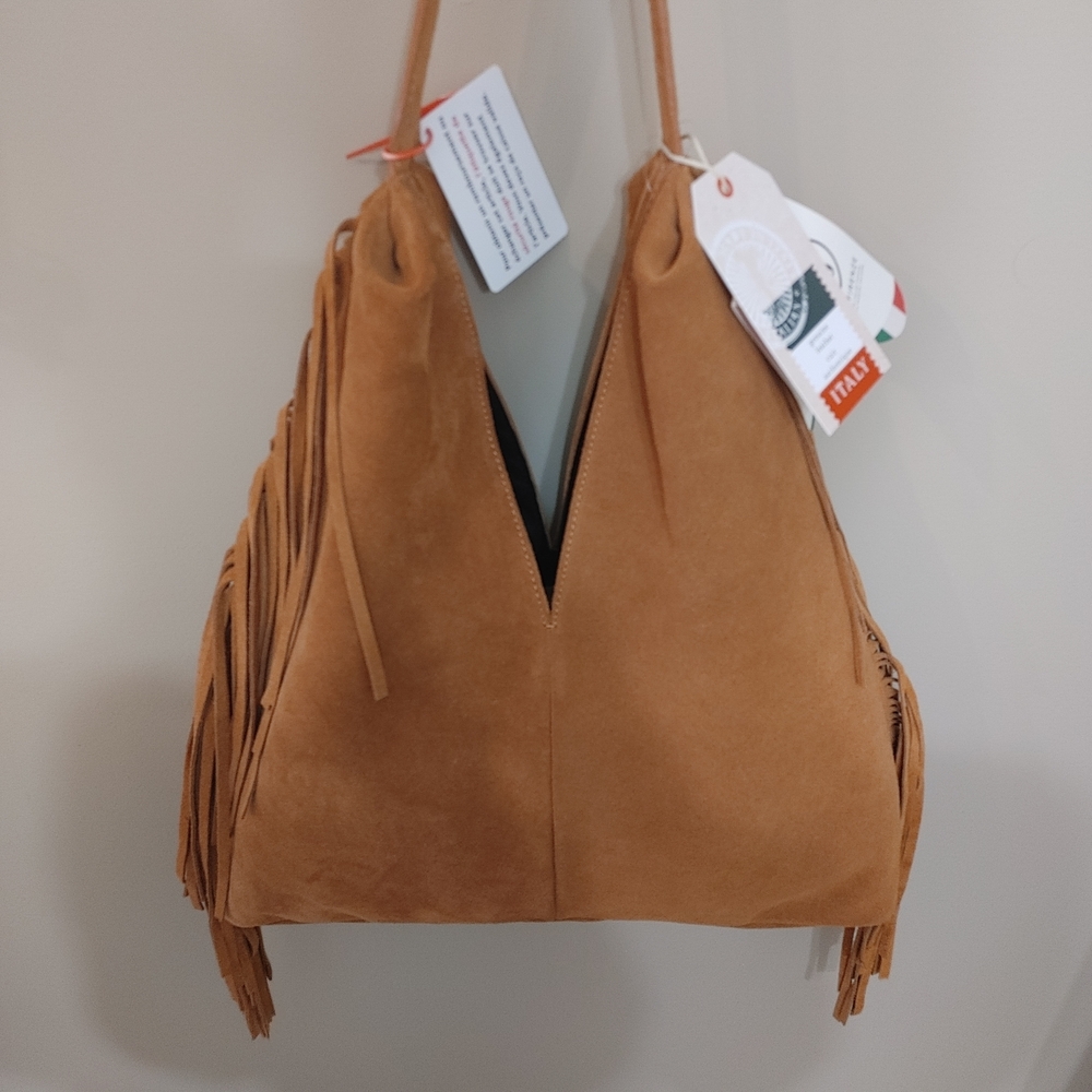 NWT Divina Firenze Fringe Tan Suede Shoulder Bag Italian Leather Boho Purse. - Picture 2 of 9